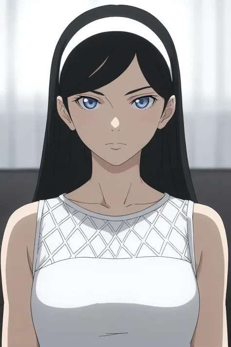 a woman with long black hair and blue eyes in a white top