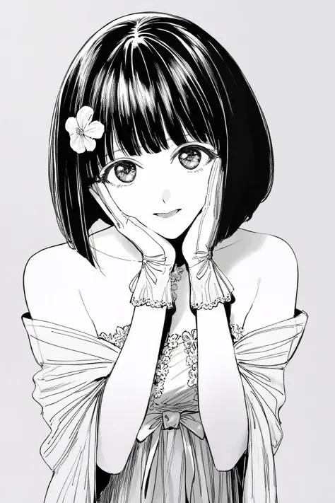 masterpiece, best quality, 
hiro style, monochrome,
arima kana, 1girl,  dress, gloves, solo, bob cut, hair ornament, white gloves, ribbon, inverted bob, short hair, flower, simple background, hair flower, looking at viewer, hands on own face, bare shoulder...