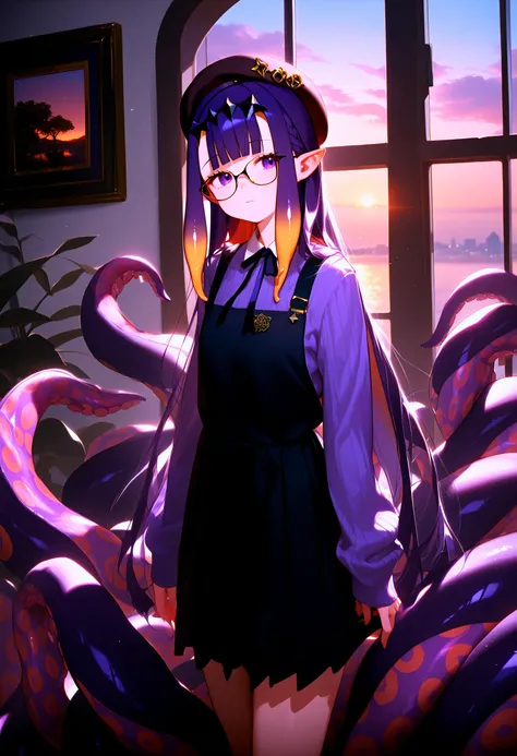 ninomae inanis, ninomae inanis (casual), virtual youtuber, pointy ears, glasses, gradient hair, tentacle hair, purple hair, orange hair, sidelocks, beret, long sleeves, tentacles, blunt bangs, purple eyes, black dress, mole under eye, very long hair, offic...