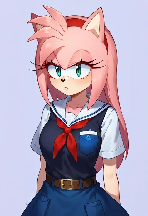 Expressiveh, AmyRose, solo, school uniform, black long hair, blue eyes, white shirt, black vest, blue bow on the neck, pioneer neckerchief, pioneer movement soviet pioneer, skirt, blue skirt, bangs, shirt, school uniform, collarbone, white shirt, short sle...