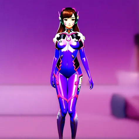 1girl, d.va (overwatch), solo, standing, purple latex, legs together, from front, 

anime, 3d, 