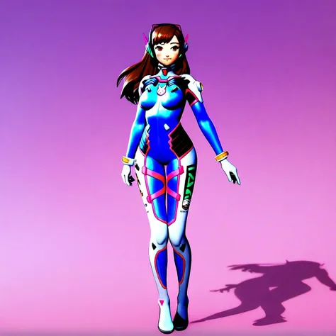 1girl, d.va (overwatch), full body, solo, standing, brown hair, silver latex bodysuit, legs together, from front, 

anime, 3d, 