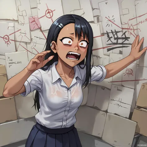 anime girl with black hair and glasses standing in front of a wall of boxes