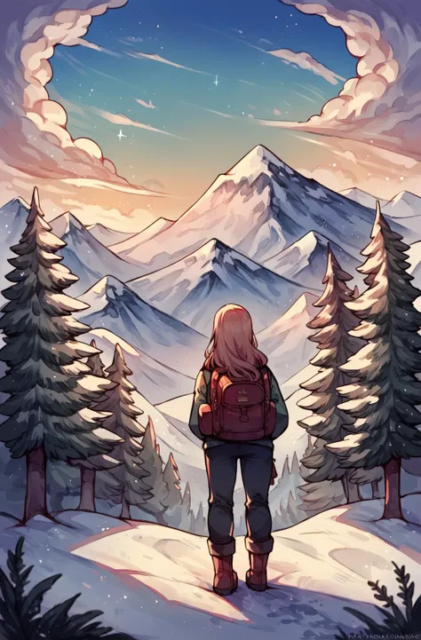 score_9,score_8_up,score_7_up,score_6_up,score_5_up,score_4_up 1girl,solo,long hair,standing,boots,outdoors,sky,pants,cloud,bag,from behind,tree,backpack,cloudy sky,nature,scenery,snow,mountain,wide shot,ambiguous gender <lora:fluffydango-artist-richy-v1_p...