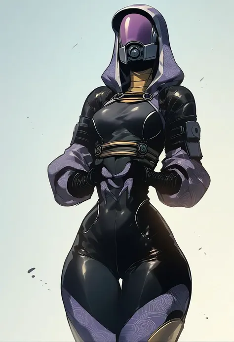 score_9, score_8_up, score_7_up, score_6_up, 
1girl, solo
tali, talizorah, 
armor, black clothing, bodysuit, 
helmet, hood, skinsuit, solo, tight clothing, 
cute pose, pinup, wide hips, medium breasts,