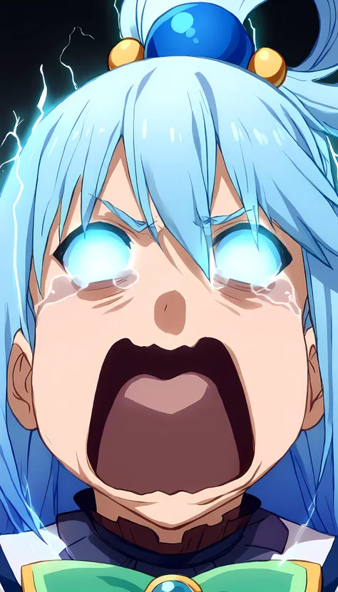 anime girl with blue hair and blue eyes with a surprised expression