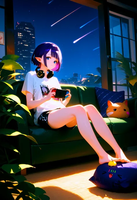 ninomae inanis, ninomae inanis (loungewear), virtual youtuber, headphones around neck, barefoot, short hair, pointy ears, black shorts, white shirt, purple hair, takodachi (ninomae inanis), nintendo switch, blue eyes, t-shirt, window, holding, indoors, bea...