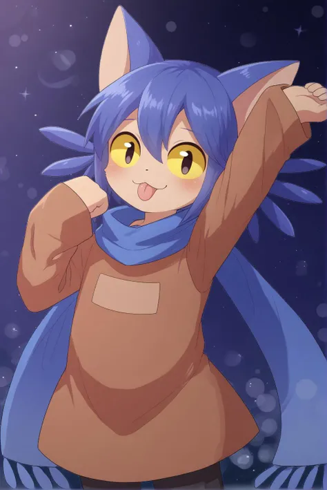 solo, 1boy, cniko, young boy, kemono, shorty, blue hair, short hair, cat ears, blue ears, hair between eyes, whiskers, yellow sclera, black eyes, slit pupils, black stockings, brown dress, blue scarf, happy, tongue, dancing, cowboy shot, night sky,   <lora...