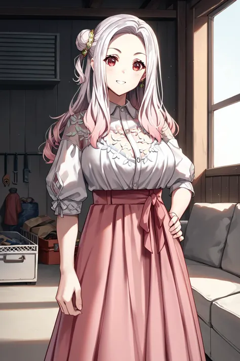 anime girl in a pink dress standing in a room