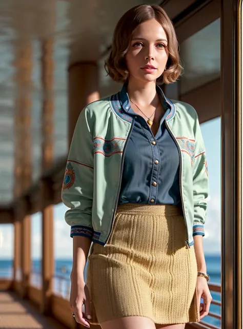 dianekeaton an attractive woman, on a (cruise-ship), wearing a (summer-jacket) and a (summer-skirt), (8k, best quality, depth of field, ultra high res:1.2), (absurdres, intricate, photorealistic, masterpiece, ultra-detailed, Unreal Engine:1.3)