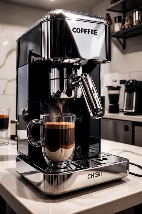 a close up of a coffee machine on a counter with a cup of coffee