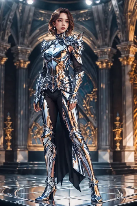 highres,absurdres,masterpiece,best quality,original,extremely detailed CG,extremely detailed wallpaper,perfect lighting,jitome,lips,makeup,standing on the stage,blurry background,
<lora:Clothing - Chrome Armor:0.7>,chr0me4rmor,chrome armor,