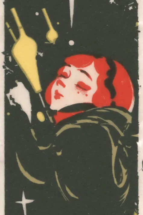 <lora:soviet_matchbox_art_text_free_v2:1.0> , soviet_matchbox_art, stamp,  halftone, bar, blush, closed eyes, comic, drunk, eyes closed, highres, tears