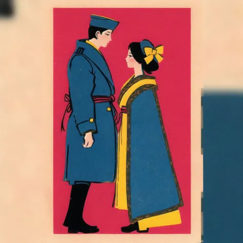 <lora:soviet_matchbox_art_b-db:1>, soviet_matchbox_art, stamp, russian text, halftone, blue eyes, blue hair, blush, bow, coat, couple, hair bow, japanese clothes, kimono, long hair, military, military uniform, petals, uniform, yellow eyes