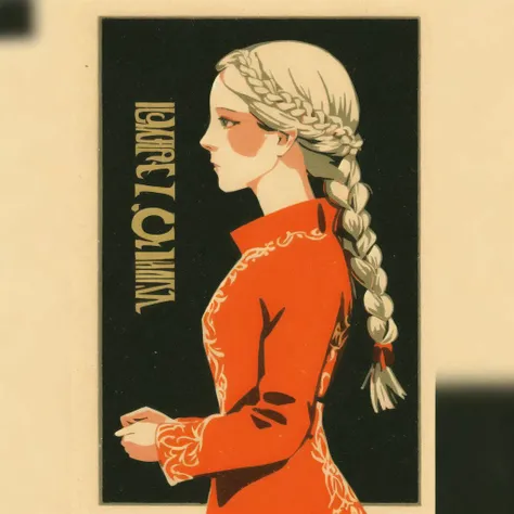 <lora:soviet_matchbox_art_b-db:1>, soviet_matchbox_art, stamp, russian text, halftone, 1girl, blonde hair, braid, casual, dress, long hair, sidelocks, single braid, solo