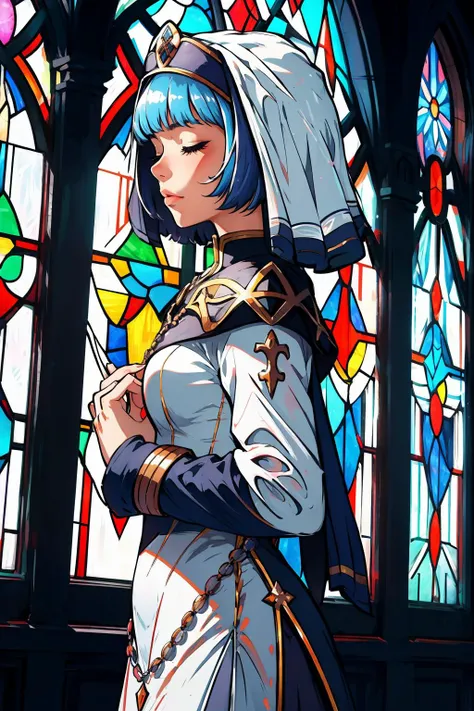 masterpiece, best quality, silque, veil, dress, habit, nun, closed eyes, looking down, from side, stained glass windows, chiaroscuro shading, hands to chest <lora:silque-fe-richy-v1:0.9>