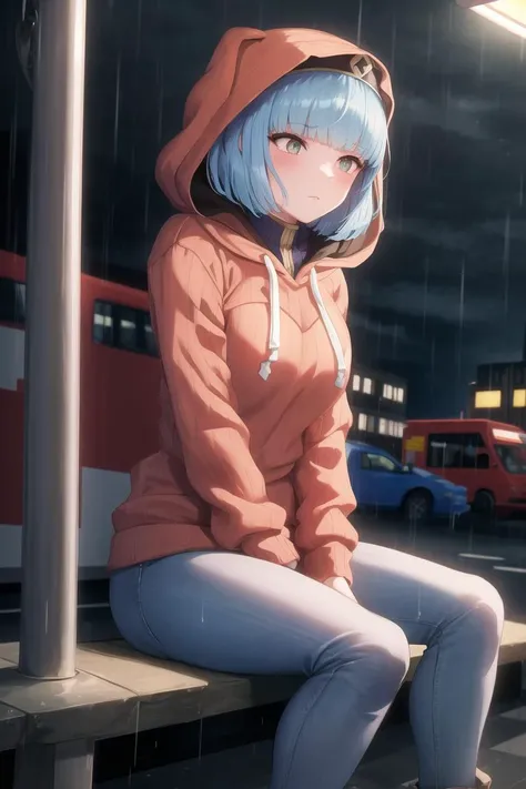 masterpiece, best quality, absurdres, <lora:silque_fe_v1:1>, silque (fire emblem), night, city lights, neon lights, rain, sweater, jeans, hood, bus stop, sitting,