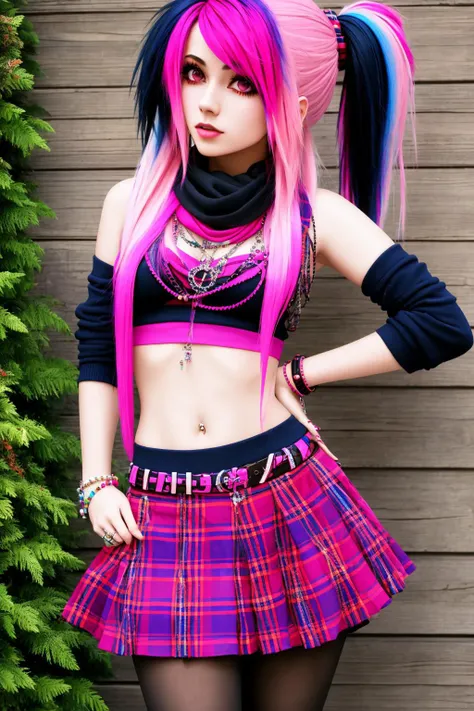 4K, Masterpiece, highres, absurdres,with a edgScene hairstyle, 1girl, solo, long hair, skirt, navel, jewelry, pink hair, pantyhose, multicolored hair, midriff, miniskirt, scarf, two-tone hair, plaid, ring, fashion
 <lora:EDGHAIRSALON_edgScene:0.75>