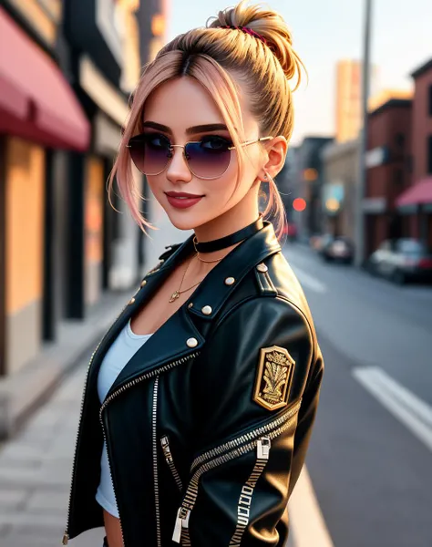 4K, Masterpiece, highres, absurdres,natural volumetric lighting and best shadows, deep depth of field, sharp focus, smiling,soft delicate beautiful attractive face, 
Nadia with sunglasses and a choker,leather jacket, smile, bicolor hair,  two-tone hair, ma...