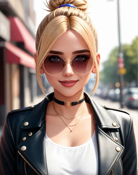 4K, Masterpiece, highres, absurdres,natural volumetric lighting and best shadows, deep depth of field, sharp focus, smiling,soft delicate beautiful attractive face, 
Nadia with sunglasses and a choker,leather jacket, smile, bicolor hair,  two-tone hair, ma...