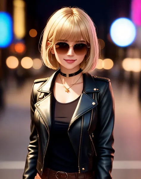 4K, Masterpiece, highres, absurdres,natural volumetric lighting and best shadows, deep depth of field, sharp focus, smiling,soft delicate beautiful attractive face,
blonde Nadia with sunglasses and a choker, leather jacket, miniskirt,parted lips, smile,
wi...