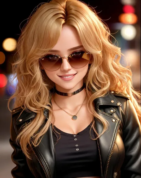 4K, Masterpiece, highres, absurdres,natural volumetric lighting and best shadows, deep depth of field, sharp focus, smiling,soft delicate beautiful attractive face, blonde Nadia with sunglasses and a choker, leather jacket, miniskirt,parted lips, smile, wi...