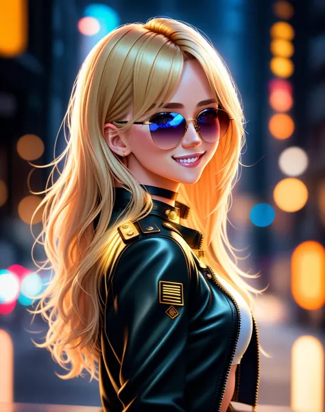 4K, Masterpiece, highres, absurdres,natural volumetric lighting and best shadows, deep depth of field, sharp focus, smiling,soft delicate beautiful attractive face, blonde Nadia with sunglasses and a choker, leather jacket, miniskirt,parted lips, smile, wi...