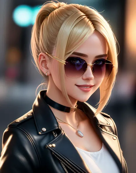 4K, Masterpiece, highres, absurdres,natural volumetric lighting and best shadows, deep depth of field, sharp focus, smiling,soft delicate beautiful attractive face, blonde Nadia with sunglasses and a choker, leather jacket, miniskirt,parted lips, smile, wi...