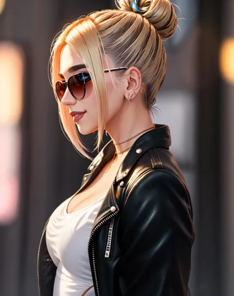 a close up of a woman with a black jacket and sunglasses