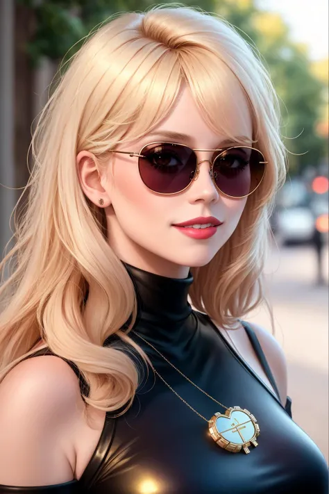 a close up of a woman wearing sunglasses and a black top