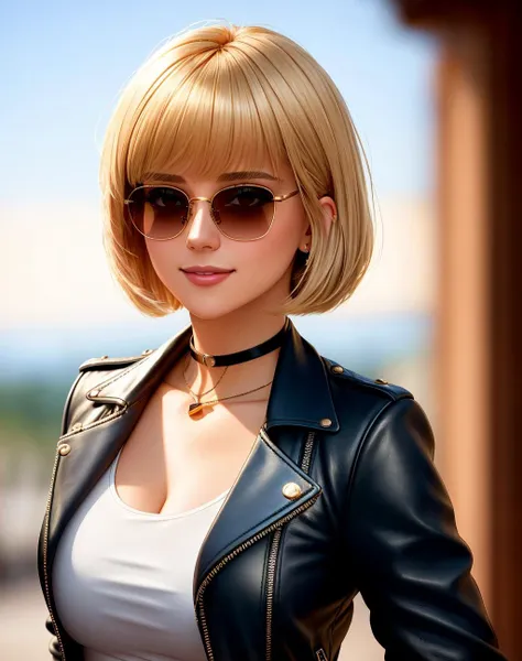 a close up of a woman wearing a black leather jacket and sunglasses