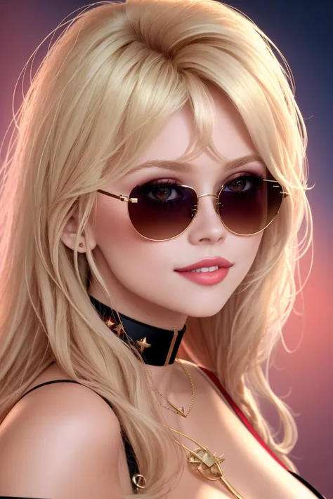 a woman with sunglasses and a choker posing for a picture