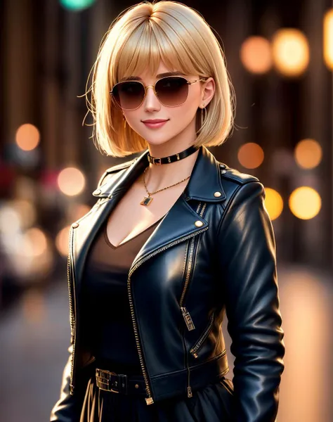 4K, Masterpiece, highres, absurdres,natural volumetric lighting and best shadows, deep depth of field, sharp focus, smiling,soft delicate beautiful attractive face,
blonde Nadia with sunglasses and a choker, leather jacket, miniskirt,
with an edgBobCut hai...