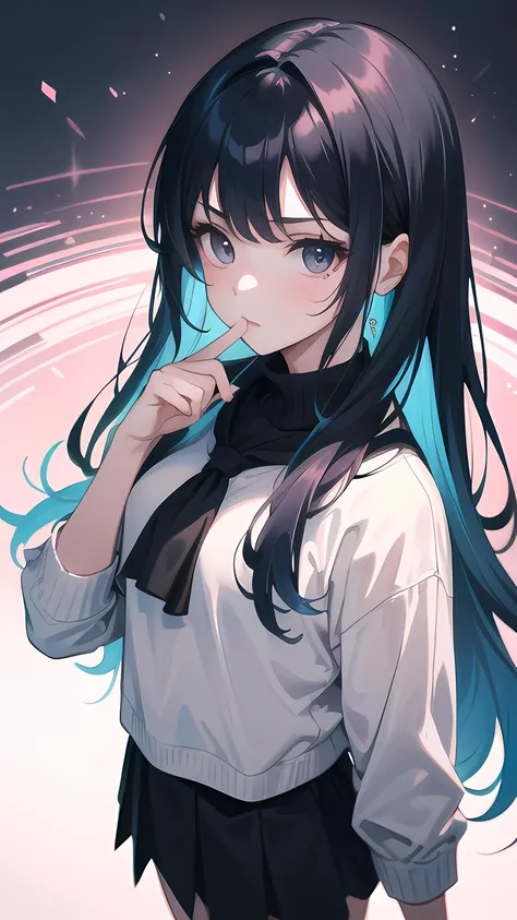 anime girl with long black hair and blue eyes in a white shirt