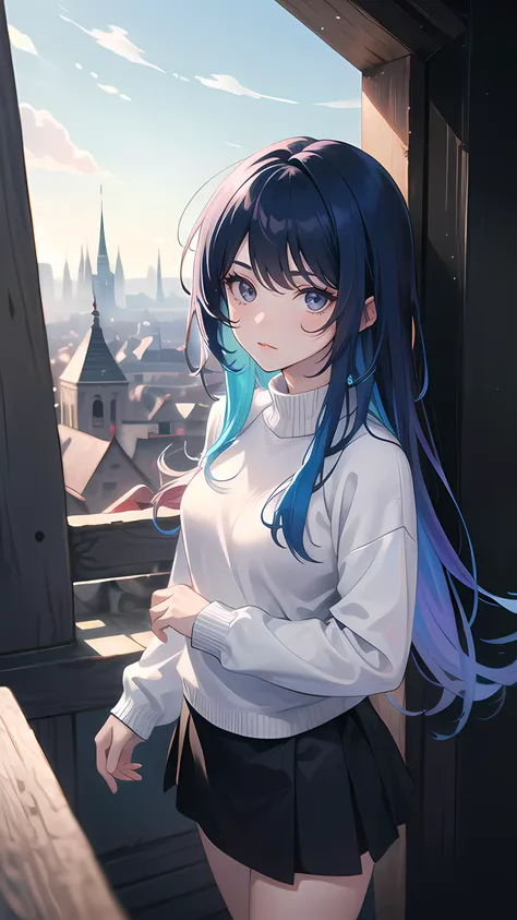 anime girl with blue hair standing on a balcony looking out