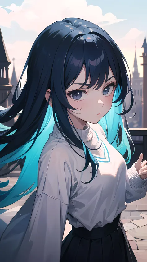 anime girl with blue hair and white shirt standing in front of a clock tower