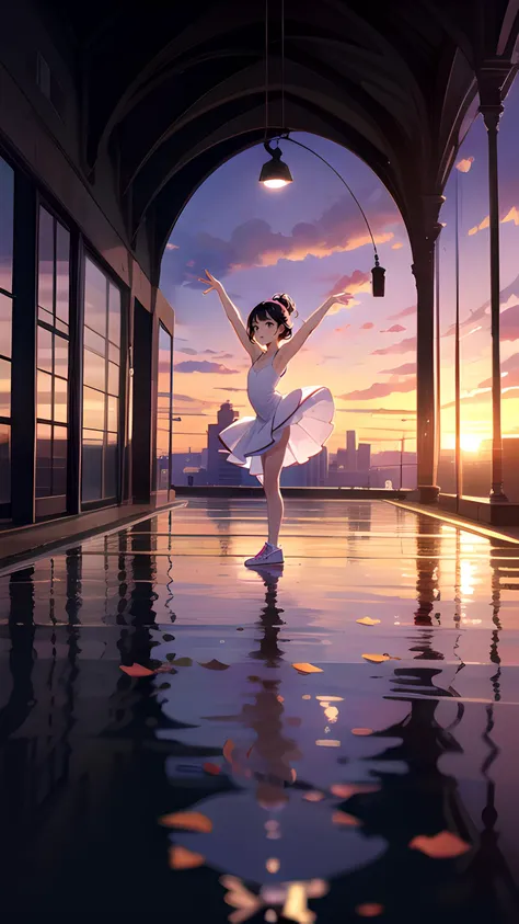 anime girl in white dress jumping in a pool at sunset