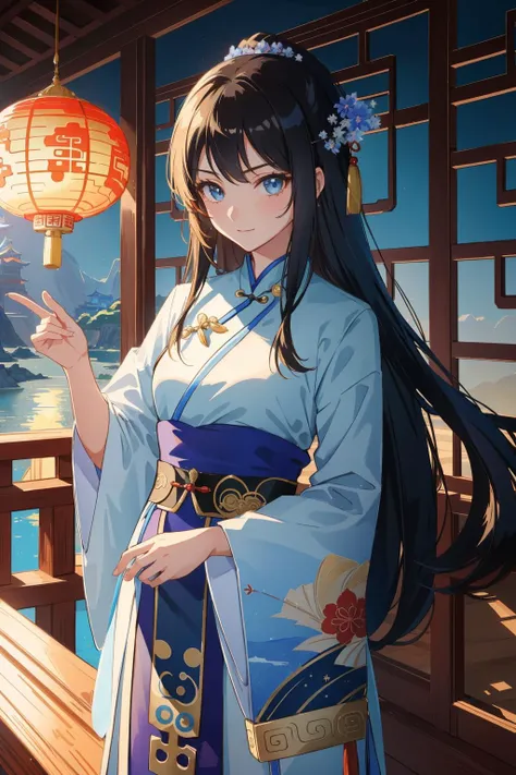 anime girl in traditional dress holding a lantern in front of a lake