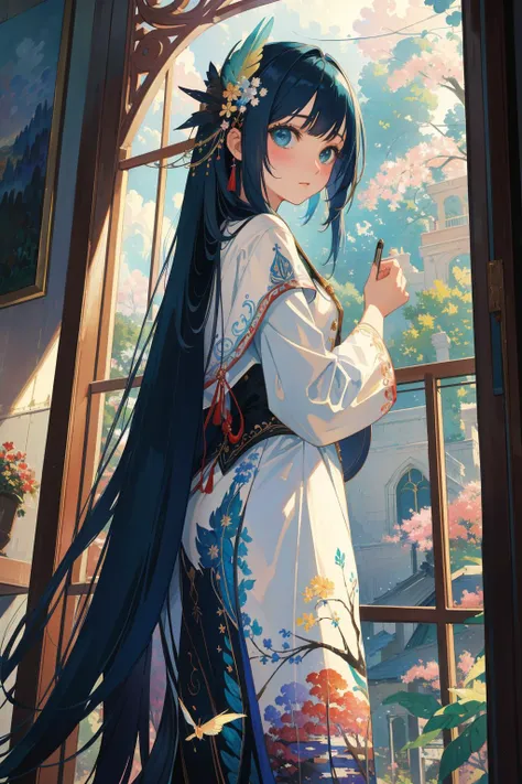 a woman in a kimono outfit standing in front of a window