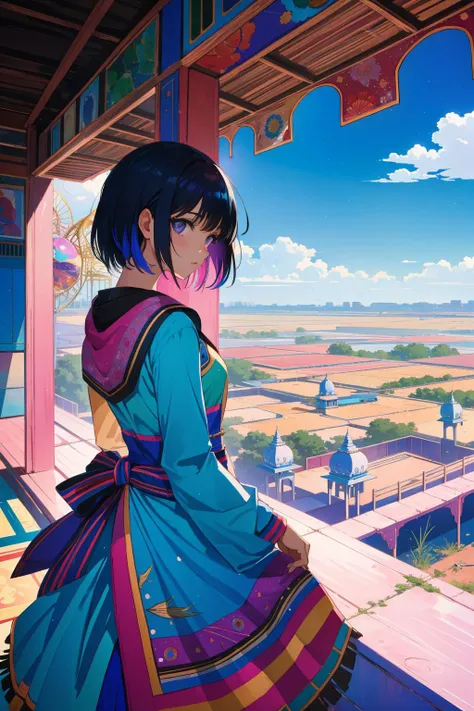 a woman in a colorful dress looking out a window at a landscape