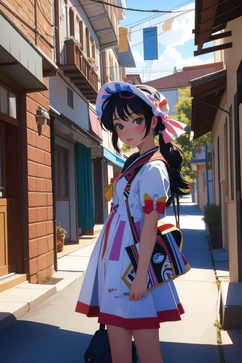 anime girl in a dress and hat standing on a sidewalk