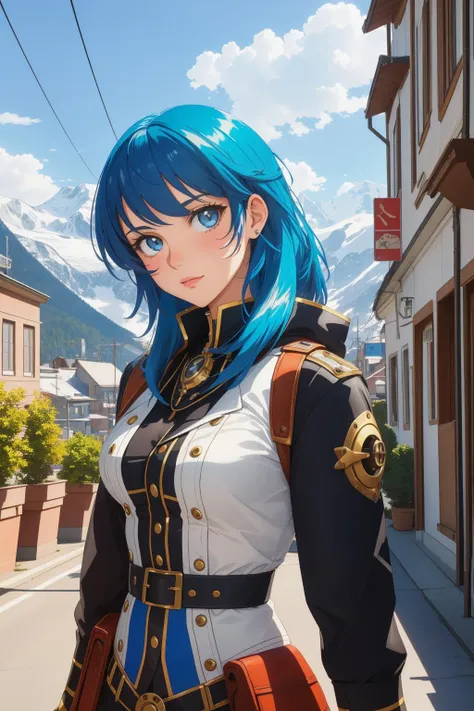 a woman with blue hair and blue eyes standing in front of a building