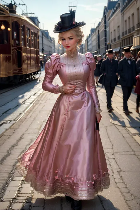 woman in pink dress and hat standing on sidewalk next to train