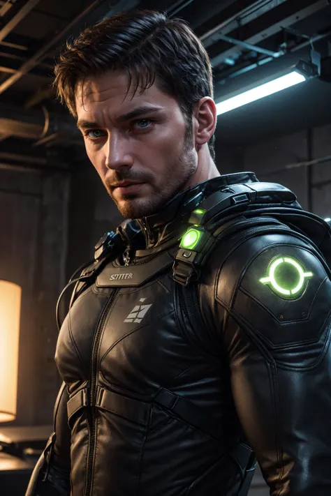 a man in a black leather jacket with green glowing eyes