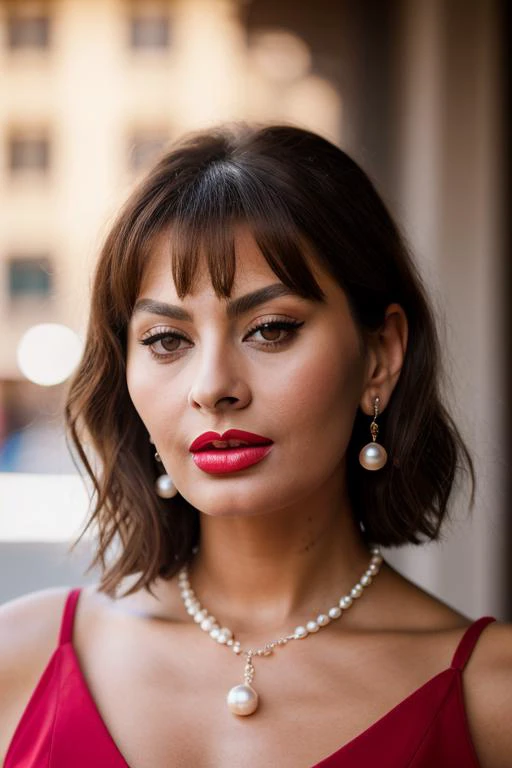 Realistic photo of a beautiful s0ph14l-v2 woman,1girl, solo, looking at viewer, short hair, brown hair, dress, jewelry, upper body, earrings, necklace, lips, makeup, lipstick, realistic, red lips, pearl necklace, photo background, soft lighting, profession...