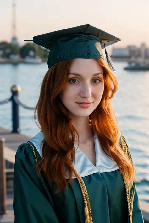 a stunning intricate full color portrait of a beautiful  pale woman, 18 year old, Graduation cap and gown, on a deserted harbor pier, (close-up:0.8), (slight smile:0.4), Sharp Focus, low key lighting, shot on Lumix GH5, cinematic bokeh, detailed skin,   <l...