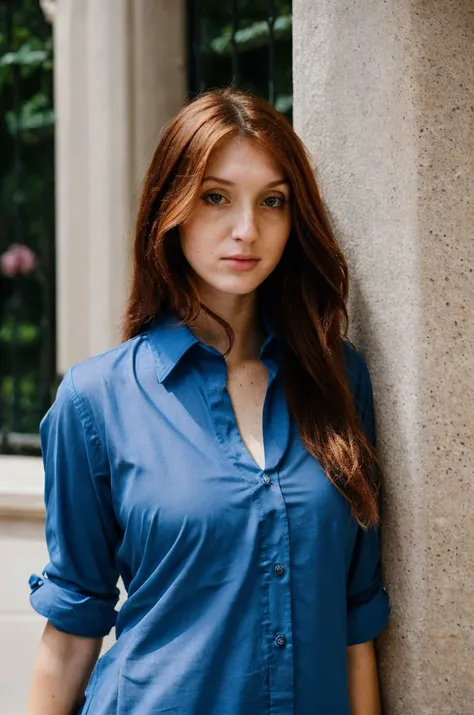 A stunning intricate full color portrait of  a  28 year old woman,donning a blue shirt, Metropolitan Museum of Art, New York, , epic character composition,by ilya kuvshinov, alessio albi, nina masic,sharp focus, subsurface scattering, f2, 35mm, film grain ...