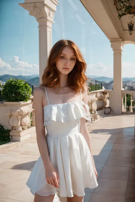 Instagram picture of a 25 year old pale woman,wearing sporting a flowing summer dress, palatial terrace with panoramic viewss, epic character composition,by ilya kuvshinov, alessio albi, nina masic,sharp focus, subsurface scattering, f2, 35mm, film grain <...