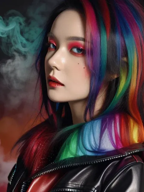 Masterpiece, best quality, 1girl, rainbow and red swirling vortexes colourful cloudy and smoke and colourful background, raining, swirling vortexes colourful hair, wear black leather jacket, short hair, side view, confident face, close up, studio light, st...