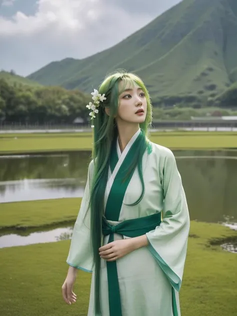 Masterpiece, best quality, 4K, 1girl ,solo, green hair, longhair, hair flower, green themes, chinese clothes, floating leaves, wind, wind background,Rich picture:1.1,fish eye lens, up view, standing centre, face front, laser, full of imagination, Surrounde...